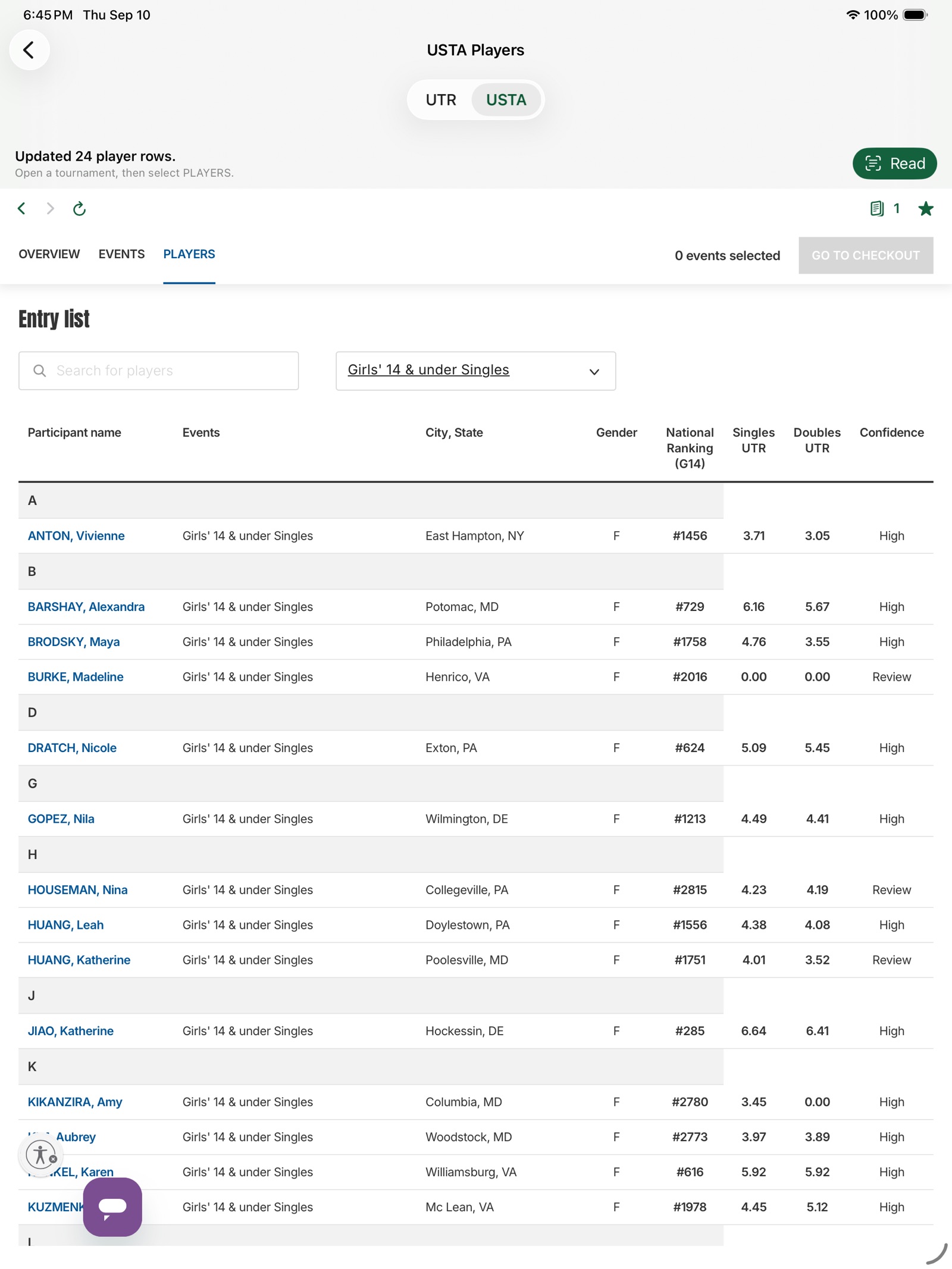 USTA Players list annotated with National Ranking, singles UTR, doubles UTR, and match confidence