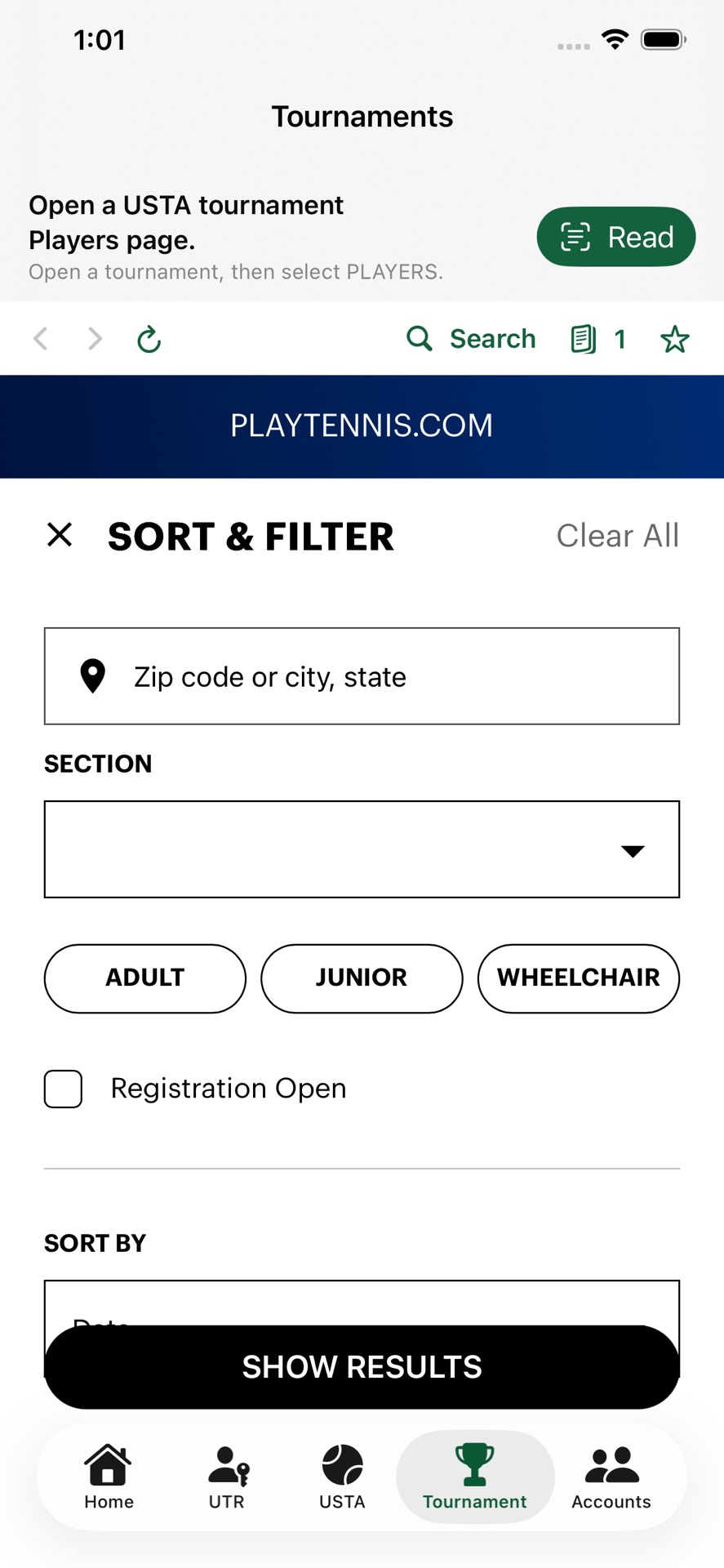 Tournament tab showing USTA Find Tournaments Sort and Filter